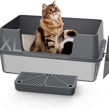 Gimars XXL Heavy Duty Stainless Steel Cat Litter Tray 58 x 38 x 26 cm - 35 L Large Cat Litter Tray with High Side Wall & Side Opening, Robust, Odourless & Easy to Clean for Large Cats & Multi-Cat Household