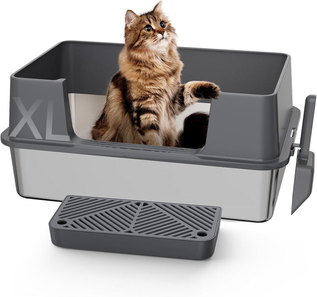Gimars XXL Heavy Duty Stainless Steel Cat Litter Tray 58 x 38 x 26 cm - 35 L Large Cat Litter Tray with High Side Wall & Side Opening, Robust, Odourless & Easy to Clean for Large Cats & Multi-Cat Household