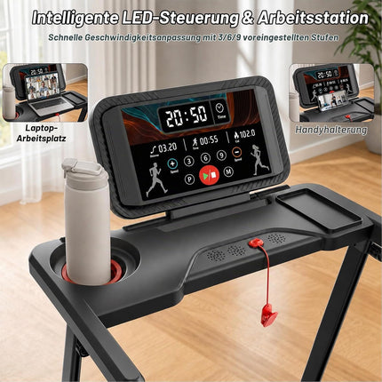 1-12km/h Folding Treadmill with 0%-10% Incline, 6 in 1, Quiet Treadmill for Home and Office, Adjustable LED Display 95°-105°, Running Surface 105×42cm, Load Capacity 136kg