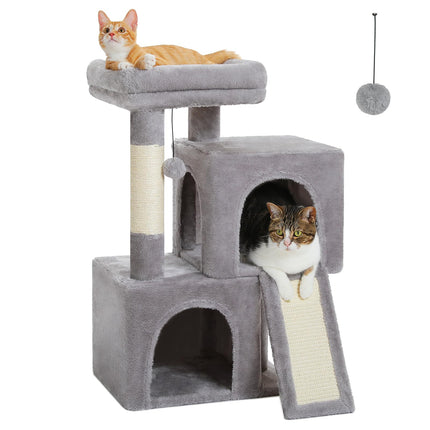 PETEPELA Kratzbaum für Katzen, 89 cm, Katzenturm mit Doppelhöhlen, abnehmbare, geräumige Sitzfläche, vollständig mit Sisal umwickelte Kratzstämme, austauschbare baumelnde Bälle, Beige