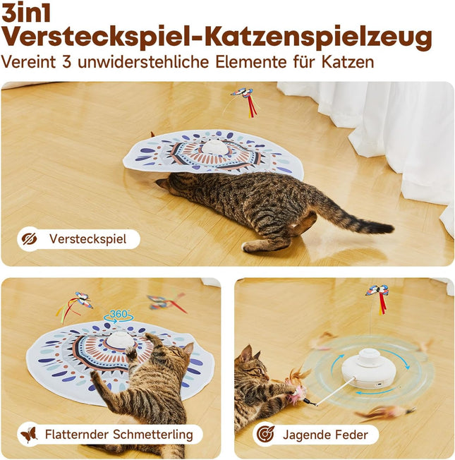 Potaroma Katzenspielzeug Selbstbeschäftigung, wiederaufladbar Elektrisch 3-in-1 Versteckspiel Kätzchen Interaktives Spielzeug für Indoor Cats, flatternder Schmetterling, bewegliche Feder Geräusch