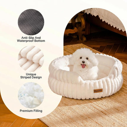 EDAGNY Stilvolle Hundebett Katzenbetten für Katzen, Weiches Rundes Hundebett für Kleine und Mittelgroße Hunde, Beruhigend Waschbares Haustierbett (Creme, M)