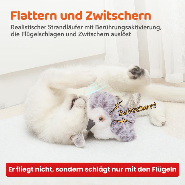 Potaroma Katzenspielzeug – Flatternder Vogel, realistischer Sandläufer mit Zwitscherlaut, wiederaufladbares, berührungsaktiviertes interaktives Spielzeug mit Katzenminze, 10,2 cm