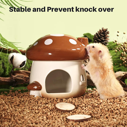BUCATSTATE Ceramic Hamster Hideout, Mushroom-Shaped Hamster House and Habitat, Fresh Bed, Ideal for Dwarf Hamsters, for All Seasons, Gerbils, Golden Bear (Brown/Large)