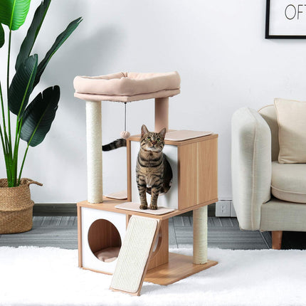 PETEPELA Kratzbaum für Katzen, 89 cm, Katzenturm mit Doppelhöhlen, abnehmbare, geräumige Sitzfläche, vollständig mit Sisal umwickelte Kratzstämme, austauschbare baumelnde Bälle, Beige