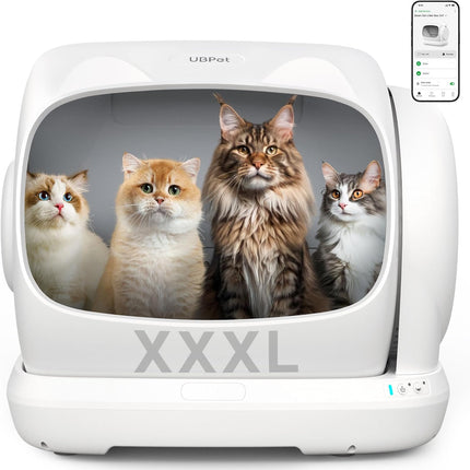 UBPET XXXL Cat Litter Tray Self-Cleaning, 106 L Self-Cleaning Cat Litter Tray with App Control, Deodoriser, Large Capacity, Automatic Cat Litter Tray for Multiple Cats (White)