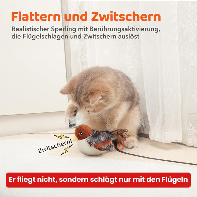 Potaroma Katzenspielzeug – Flatternder Spatz, realistische Zwitscherlaute, wiederaufladbar, berührungsaktiviert, interaktives Spielzeug mit Katzenminze für alle Katzenrassen, 10,2 cm