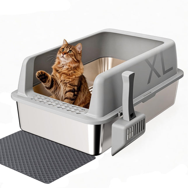Gimars XL Metal Cat Litter Tray, Large Cat Litter Tray Stainless Steel 35L with Shovel & Mat, Robust Metal Cat Litter Tray, Stainless Steel Cat Litter Tray for Large and Medium Cats
