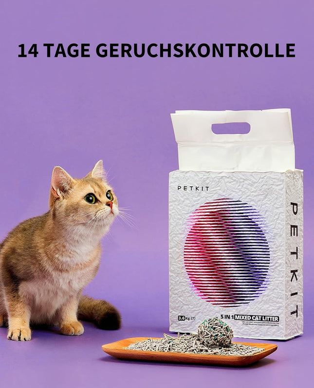 PETKIT 5-in-1 Mixed Cat Litter, Flushable, Odourless, Activated Carbon, Extremely Absorbent and Quick Drying Tofu Cat Litter (Four Pockets)