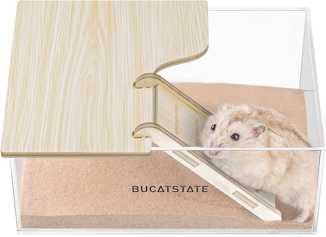 BUCATSTATE Sand Bath Container for Hamster with Ladder - Acrylic Shower and Dig Room Cat Litter Tray for Mice, Lemmings, Gerbils, Small Animals (Rectangular)