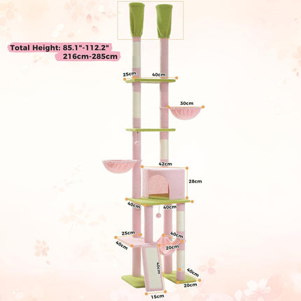 PETEPELA Kratzbaum deckenhoch Katzenturm mit großen Condo einstellbare Höhe 216cm-285cm, 5 Tiers Katzensaktivitätszentrum mit gemütlichen Hängematte, Plattformen und Dangling Balls rosa