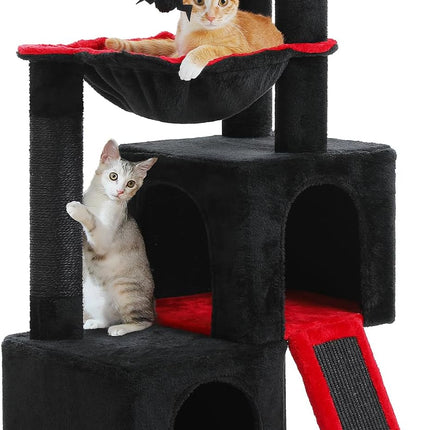 PETEPELA Kratzbaum 104cm Katzenbaum mit 2 geräumigen Höhle für Wohnungskatzen, Katzenhaus mit bequemer Hängematte, gepolsterter Sitzstange, Kratzpad und abziehbarer Spielball Schwarz