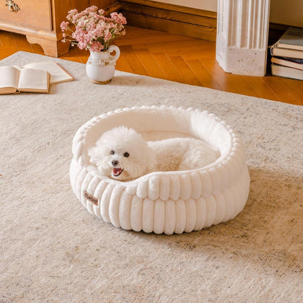 EDAGNY Stilvolle Hundebett Katzenbetten für Katzen, Weiches Rundes Hundebett für Kleine und Mittelgroße Hunde, Beruhigend Waschbares Haustierbett (Creme, M)