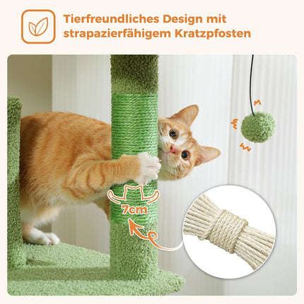 PETEPELA 180cm Kaktus Kratzbaum groß, Multi-Level Katzenbaum für große Katzen, mit 6 Sisalsäule, 2 Kratzbrettern, 2 Plattformen, 1 Hängematte, 2 Spielbälle,grün