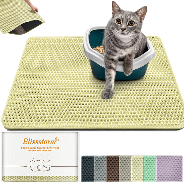 Katzenklo Matte 120X70cm, Doppelschicht EVA Katzenstreumatte wasserundurchlässig mit Anti-Rutsch Bienenwabenmuster Katzenmatte für Alle Katzen,Hellgelb 120X70cm