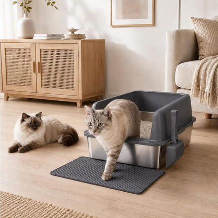 Gimars XL Metal Cat Litter Tray, Large Cat Litter Tray Stainless Steel 35L with Shovel & Mat, Robust Metal Cat Litter Tray, Stainless Steel Cat Litter Tray for Large and Medium Cats