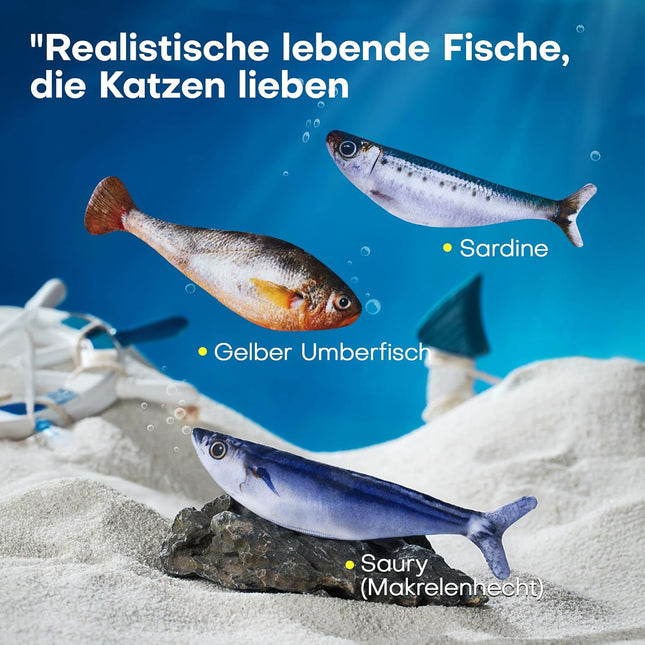 Potaroma Katzenspielzeug, interaktives elektrisches flatterndes Fisch-Spielzeug 3er-Set, wiederaufladbar mit Katzenminze & 3 Flattermodi, 18 cm, Stabiler Plüsch, automatische Bewegungsaktivierung