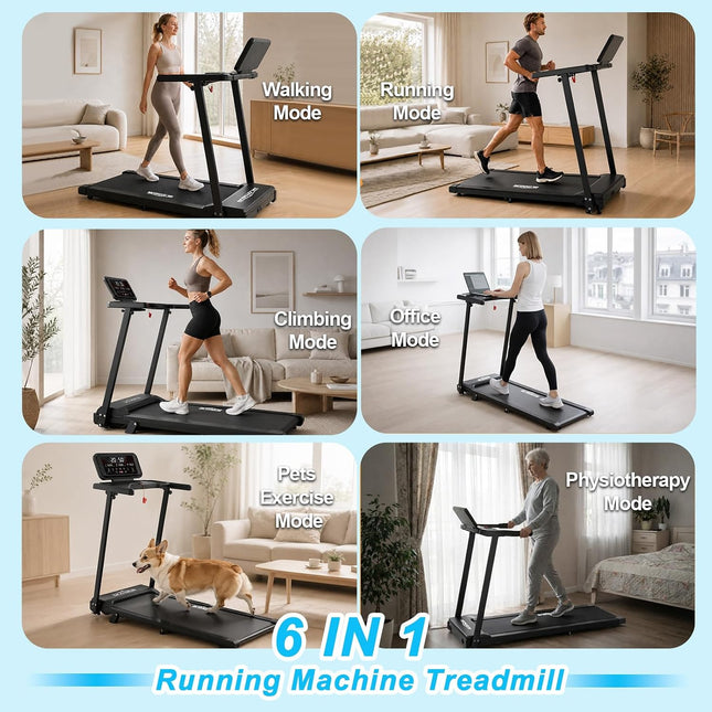 1-12km/h Folding Treadmill with 0%-10% Incline, 6 in 1, Quiet Treadmill for Home and Office, Adjustable LED Display 95°-105°, Running Surface 105×42cm, Load Capacity 136kg