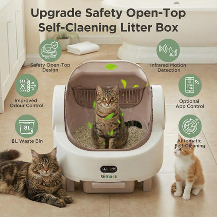 Gimars Selbstreinigende Katzentoilette mit offenem Design, Automatisches Katzenklo für mehrere Katzen & Senioren, App-Steuerung mit Sicherheitssensoren, Geruchsarm, inkl. Müllbeutel & Streumatte