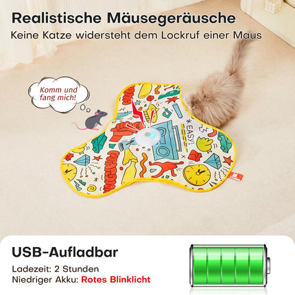 Potaroma Interaktives Katzenspielzeug mit Federautomatik - Wiederaufladbar, berührungsaktiviert mit Mausgeräuschen, ideales Bewegungsspielzeug für aktive Wohnungskatzen Graffiti-Hülle