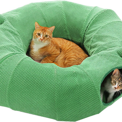 PETEPELA Katzentunnel, Kaktus-Katzen-Donut-Tunnel, zusammenklappbarer Katzentunnel, Durchmesser 90cm mit Blumen-Weichmatte für Wohnungskatzen