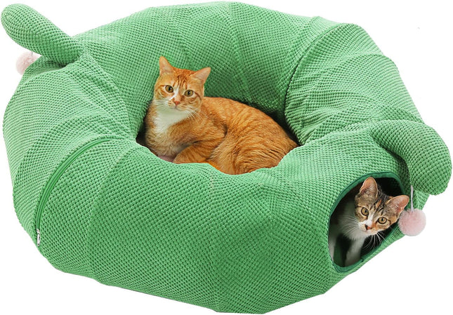 PETEPELA Katzentunnel, Kaktus-Katzen-Donut-Tunnel, zusammenklappbarer Katzentunnel, Durchmesser 90cm mit Blumen-Weichmatte für Wohnungskatzen