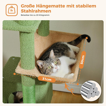 PETEPELA 180cm Kaktus Kratzbaum groß, Multi-Level Katzenbaum für große Katzen, mit 6 Sisalsäule, 2 Kratzbrettern, 2 Plattformen, 1 Hängematte, 2 Spielbälle,grün