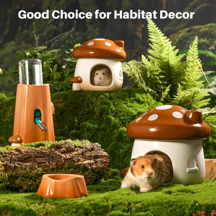 BUCATSTATE Ceramic Hamster Hideout, Mushroom-Shaped Hamster House and Habitat, Fresh Bed, Ideal for Dwarf Hamsters, for All Seasons, Gerbils, Golden Bear (Brown/Large)