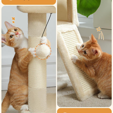 PETEPELA Kratzbaum mit Dual Condos für Wohnungskatzen, All-in-One-Katzenhaus mit gepolsterter Sitzstange, Kratzrampe und Pfosten und austauschbaren Bällen Beige