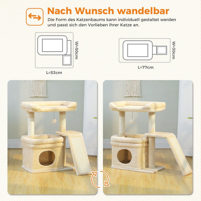 PETEPELA Kleiner Kratzbaum für große ausgewachsene Katzen mit breiter oberer Liegefläche, privater Katzenhöhle und Sisal-Kratzsäule，Kratzpad für Wohnungskatzen,beige