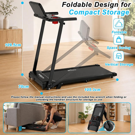 1-12km/h Folding Treadmill with 0%-10% Incline, 6 in 1, Quiet Treadmill for Home and Office, Adjustable LED Display 95°-105°, Running Surface 105×42cm, Load Capacity 136kg