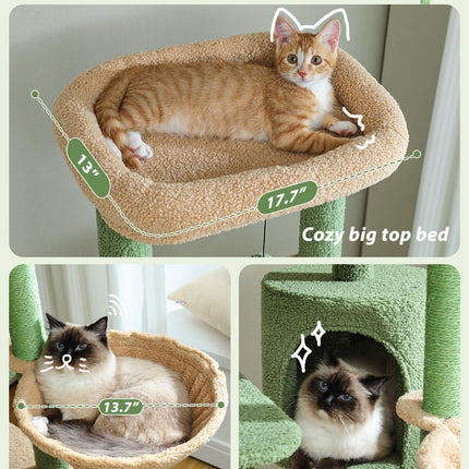 PETEPELA 150cm Kaktus Kratzbaum, hoher Katzenbaum für große Katze, mehrstöckiger Katzenturm, Katzenkratzbaum für Wohnungskatzen, Katzenwohnung mit großer Hängematte, Kratzsäule und 2 Sitzstangen, grün