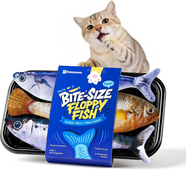 Potaroma Katzenspielzeug, interaktives elektrisches flatterndes Fisch-Spielzeug 3er-Set, wiederaufladbar mit Katzenminze & 3 Flattermodi, 18 cm, Stabiler Plüsch, automatische Bewegungsaktivierung