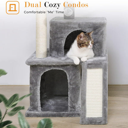 PETEPELA Katzenbaum Kratzbaum Kratzbäume Katzenmöbel mit Sisal-Seil Plüsch Liege höhlen Spielhaus Spielzeug für Katzen Grau
