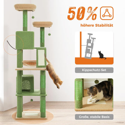 PETEPELA 180cm Kaktus Kratzbaum groß, Multi-Level Katzenbaum für große Katzen, mit 6 Sisalsäule, 2 Kratzbrettern, 2 Plattformen, 1 Hängematte, 2 Spielbälle,grün