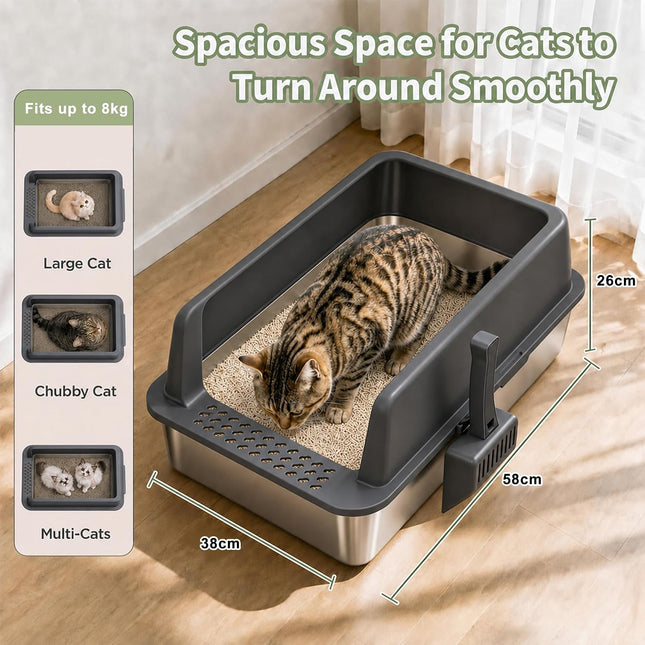 Gimars XL Metal Cat Litter Tray, Large Cat Litter Tray Stainless Steel 35L with Shovel & Mat, Robust Metal Cat Litter Tray, Stainless Steel Cat Litter Tray for Large and Medium Cats