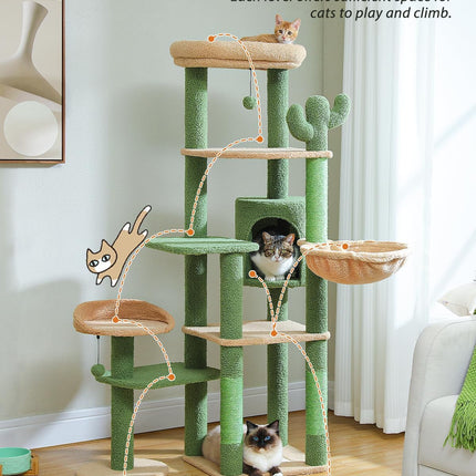 PETEPELA 150cm Kaktus Kratzbaum, hoher Katzenbaum für große Katze, mehrstöckiger Katzenturm, Katzenkratzbaum für Wohnungskatzen, Katzenwohnung mit großer Hängematte, Kratzsäule und 2 Sitzstangen, grün