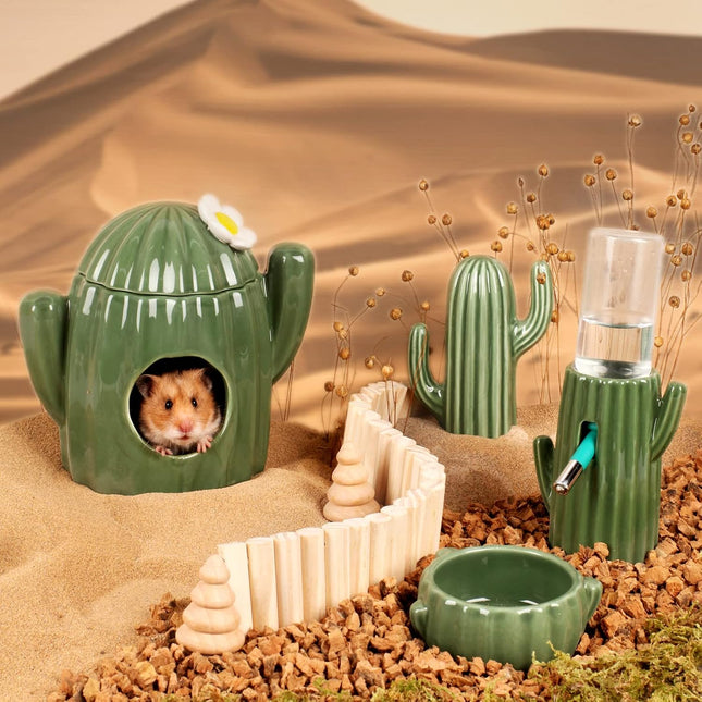 BUCATSTATE Ceramic House for Hamsters, Chewable Hiding Tunnel in Cactus Shape, Large Entrances, Cool Bed, Ideal for Summer by Chinchilla, Rat, Mice, Gerbils (L)