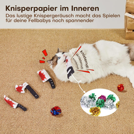 Potaroma Katzenspielzeug Set, 4 Stück Horror Messerförmige Katzenminze Kissen, Knisterspielzeug für Katzenbeschäftigung, Interaktiv für Alle Katzenrassen, 16,5 cm