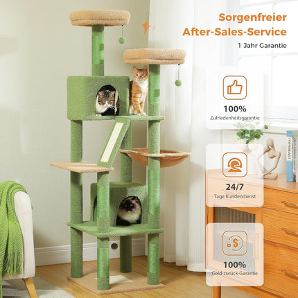 PETEPELA 180cm Kaktus Kratzbaum groß, Multi-Level Katzenbaum für große Katzen, mit 6 Sisalsäule, 2 Kratzbrettern, 2 Plattformen, 1 Hängematte, 2 Spielbälle,grün