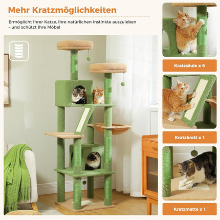PETEPELA 180cm Kaktus Kratzbaum groß, Multi-Level Katzenbaum für große Katzen, mit 6 Sisalsäule, 2 Kratzbrettern, 2 Plattformen, 1 Hängematte, 2 Spielbälle,grün