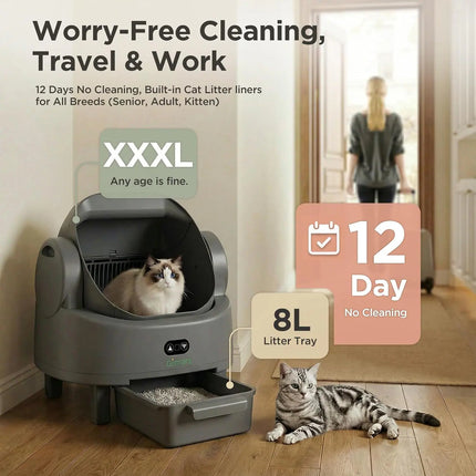 Gimars Self-cleaning cat litter box with open design, automatic cat litter box for multiple cats and seniors, app control with safety sensors, low odour, includes bin bag and litter mat