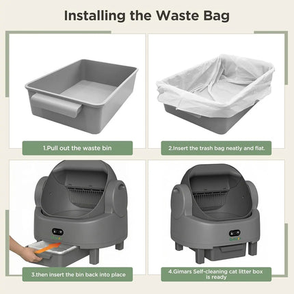 Gimars Self-cleaning cat litter box with open design, automatic cat litter box for multiple cats and seniors, app control with safety sensors, low odour, includes bin bag and litter mat