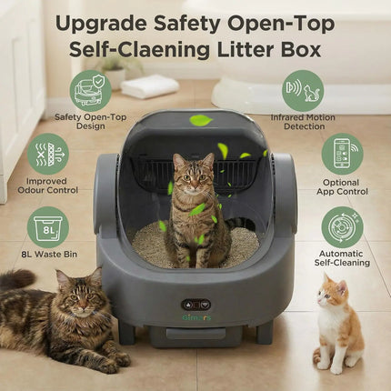 Gimars Self-cleaning cat litter box with open design, automatic cat litter box for multiple cats and seniors, app control with safety sensors, low odour, includes bin bag and litter mat