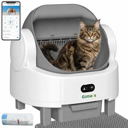 Gimars Self-cleaning cat litter box with open design, automatic cat litter box for multiple cats and seniors, app control with safety sensors, low odour, includes bin bag and litter mat