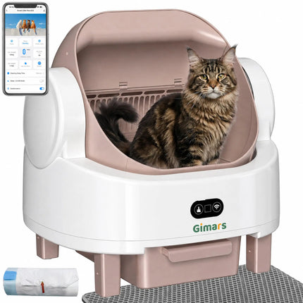 Gimars Self-cleaning cat litter box with open design, automatic cat litter box for multiple cats and seniors, app control with safety sensors, low odour, includes bin bag and litter mat