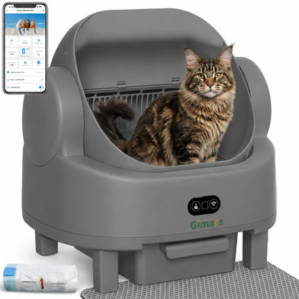 Gimars Self-cleaning cat litter box with open design, automatic cat litter box for multiple cats and seniors, app control with safety sensors, low odour, includes bin bag and litter mat